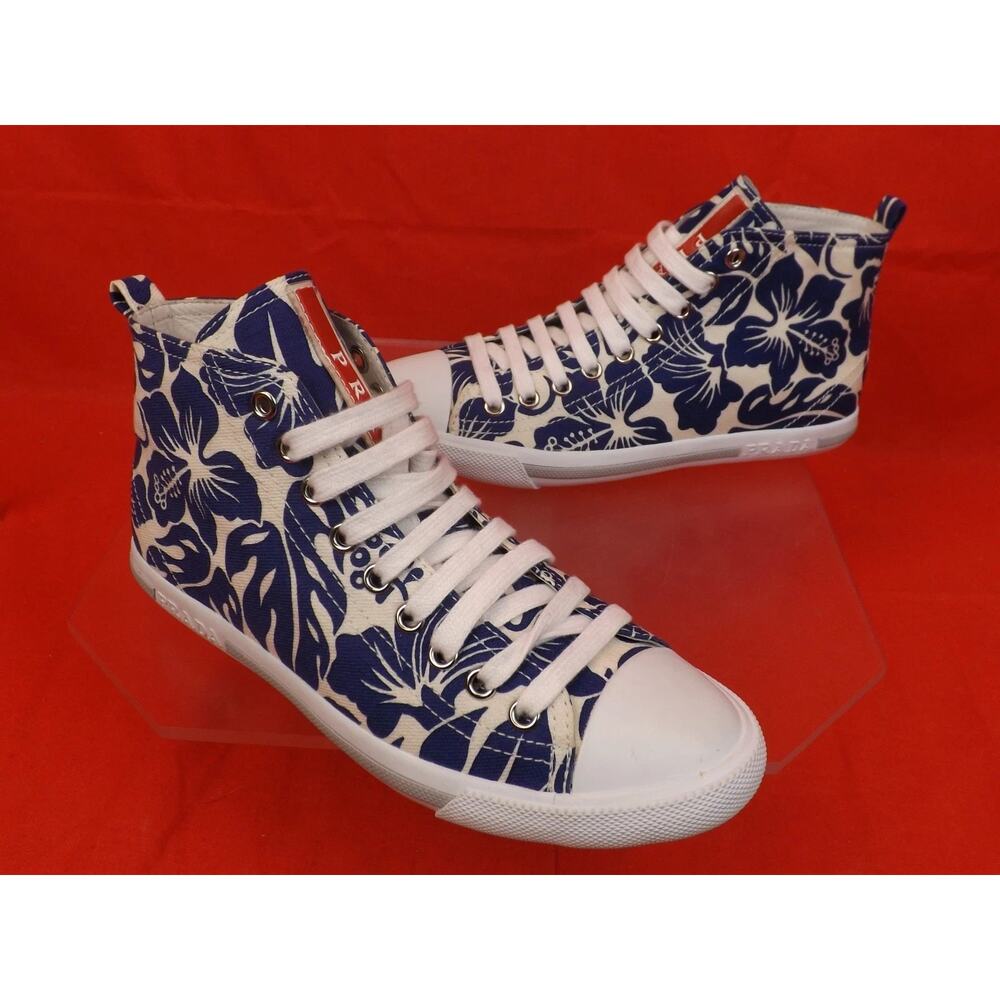 NIB PRADA 3T5731 WHITE BLUE FLORAL DENIM LEATHER CANVAS HIGH TOP SNEAKERS 35.5 - Picture 7 of 9